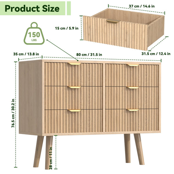 SFDOU Wooden Fluted Dresser for Bedroom,Modern Wide Chest of 6 Drawers Dressers for Bedroom Furniture,Wood Drawer Dresser with Storage, Easy to Assemble Dressers for Living Room,Hallway