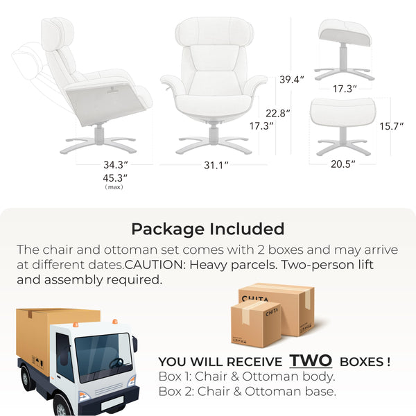 Top Grain Leather Reclining Swivel Chair with Ottoman