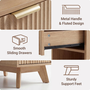 Fluted Nightstand with Charging Station & 2 Drawers