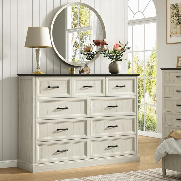 4-Piece Farmhouse Dresser & Nightstand Bedroom Set – 14 Drawers, White