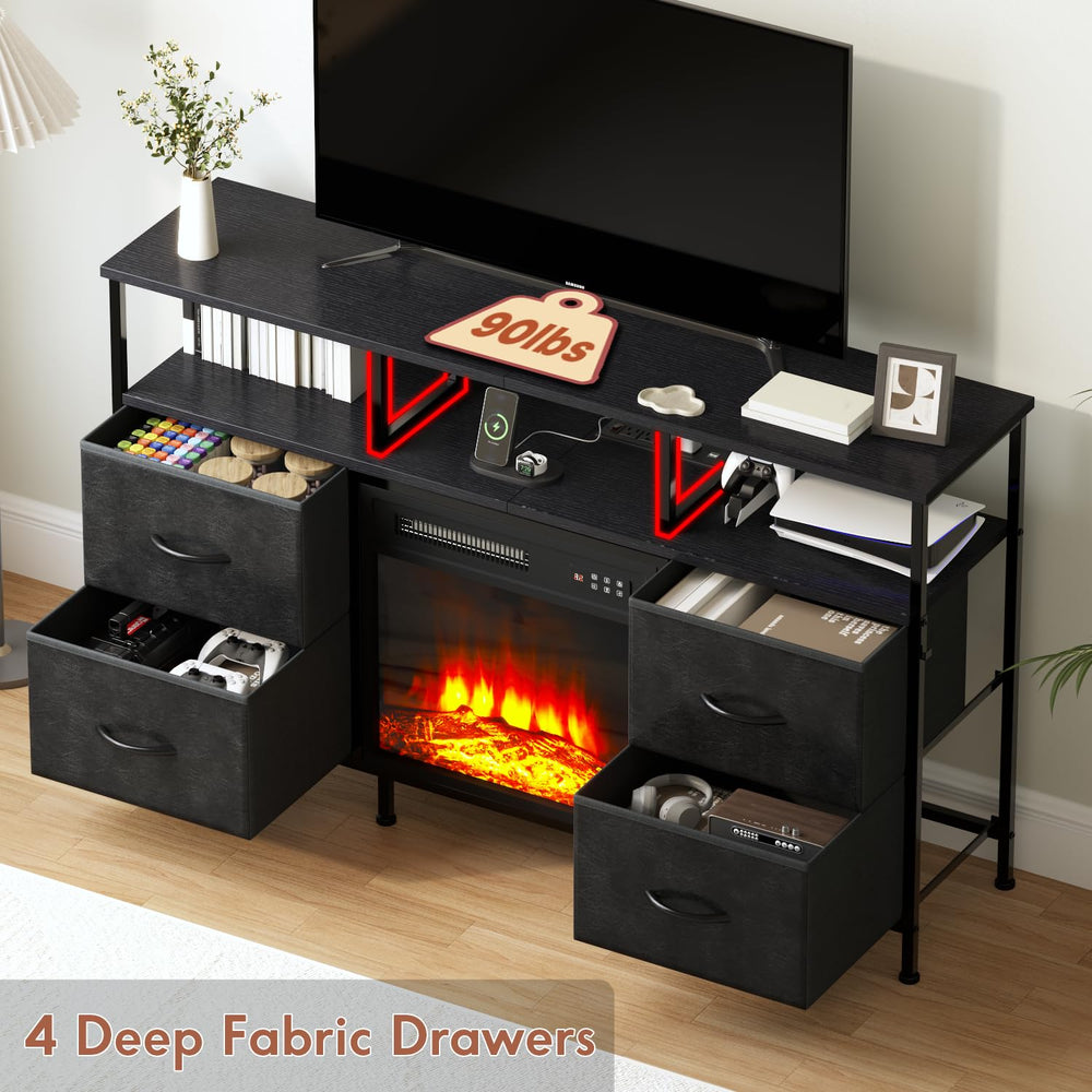 Fireplace TV Stand with Fabric Drawers, LED Lights & Power Outlets