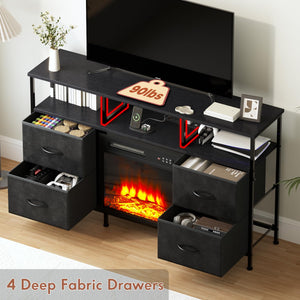 Fireplace TV Stand with Fabric Drawers, LED Lights & Power Outlets