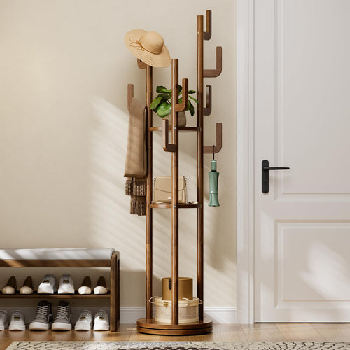 360° Rotating Freestanding Coat Rack with 9 Hooks & 3 Shelves – Solid Rubberwood Hall Tree