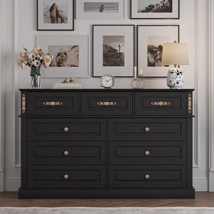 9-Drawer Dresser with Gold Knobs – Wide Bedroom Storage Chest