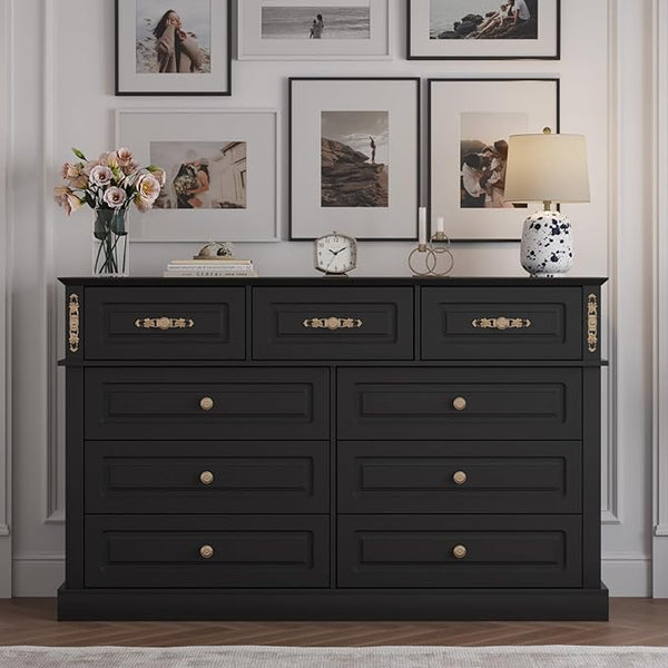 9-Drawer Dresser with Gold Knobs – Wide Bedroom Storage Chest