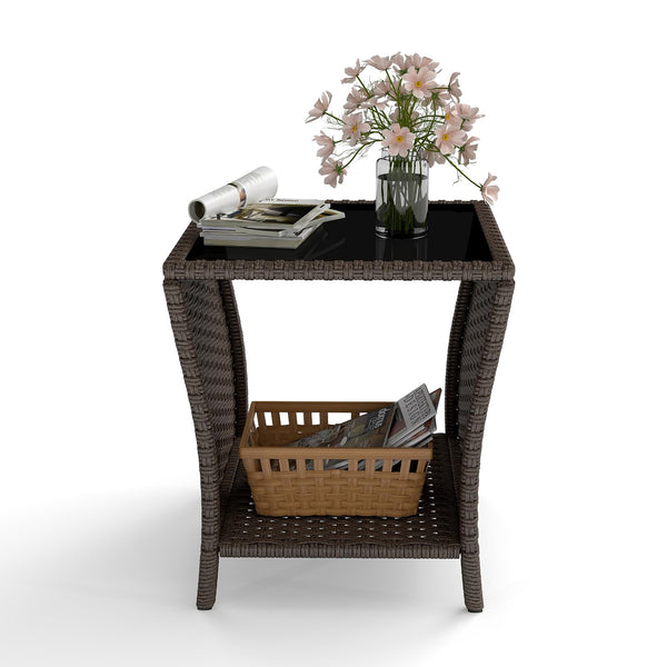 Outdoor Wicker Side Table Set of 2 with Tempered Glass Top & Storage Shelf