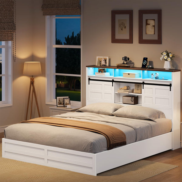 Queen Size Headboard with Storage, LED Lights & Charging Station