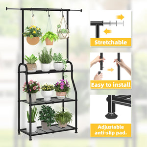 3-Tier Metal Plant Stand with Expandable Hanging Rod