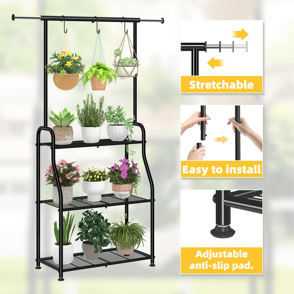 3-Tier Metal Plant Stand with Expandable Hanging Rod