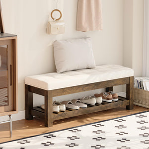 Tufted Linen Ottoman Bench with Wood Shelf