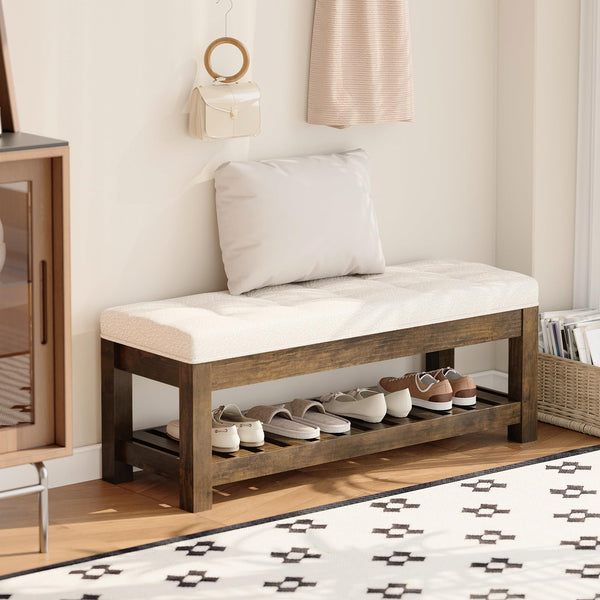 Tufted Linen Ottoman Bench with Wood Shelf