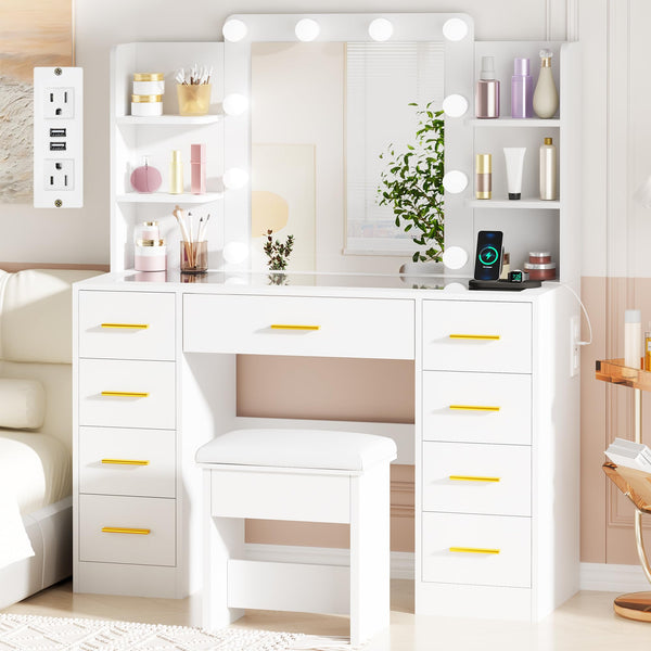 Makeup Vanity Desk with Mirror, Lights & 9 Drawers