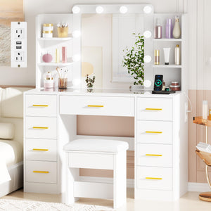 Makeup Vanity Desk with Mirror, Lights & Storage, White