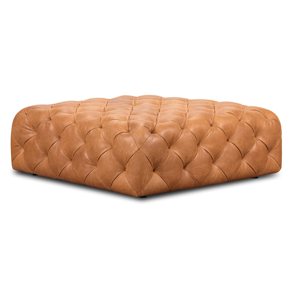 Large Square Tufted Leather Ottoman – Cognac Tan