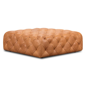 Large Square Tufted Leather Ottoman – Cognac Tan