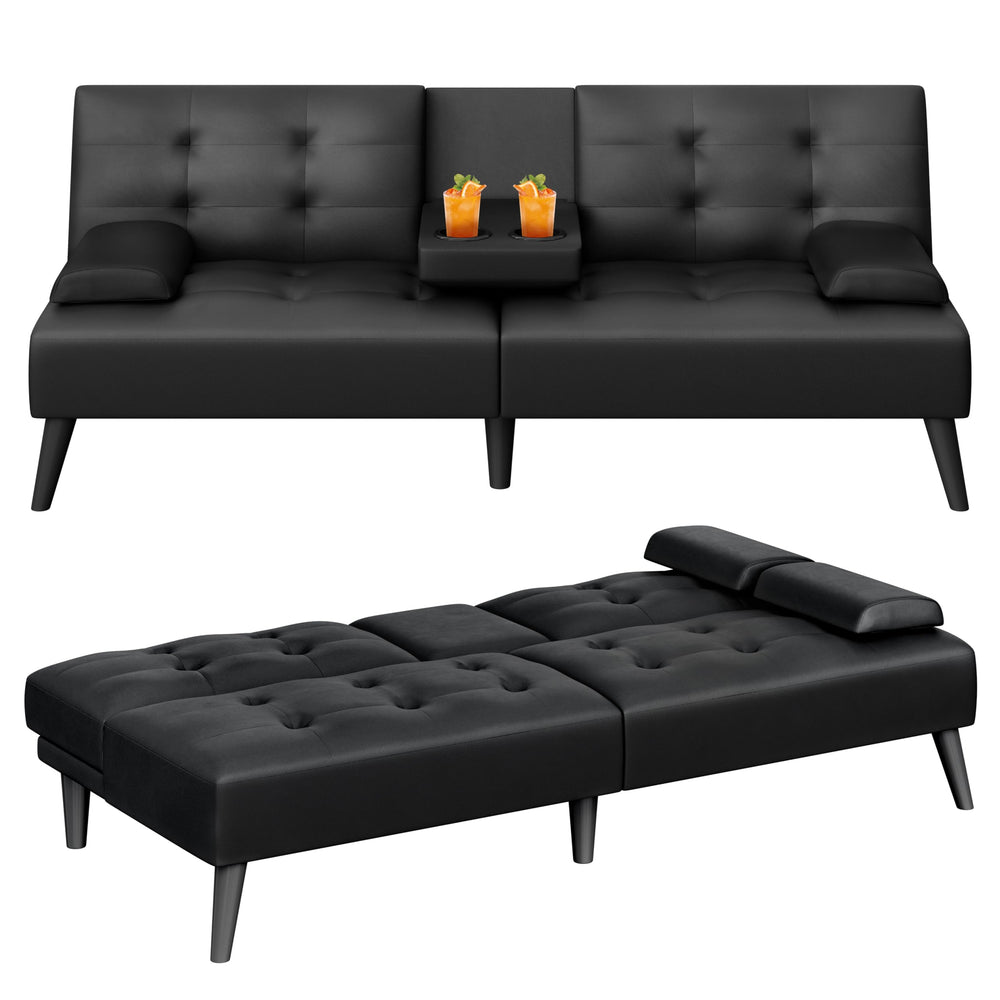 64" Futon Sofa Bed Convertible Loveseat with Cup Holders & Adjustable Angles – PU Leather Black