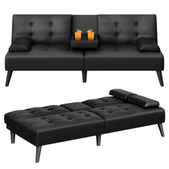 64" Futon Sofa Bed Convertible Loveseat with Cup Holders & Adjustable Angles – PU Leather Black