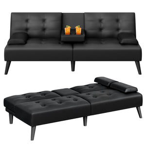 64" Futon Sofa Bed Convertible Loveseat with Cup Holders & Adjustable Angles – PU Leather Black