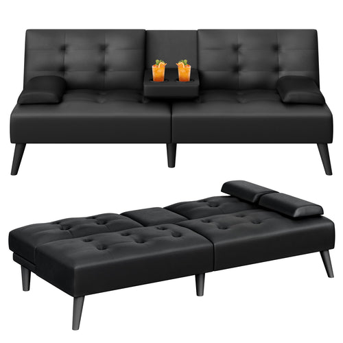 64" Futon Sofa Bed Convertible Loveseat with Cup Holders & Adjustable Angles – PU Leather Black