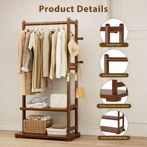 Solid Wood Coat Rack with 2 Shelves & 4 Hooks