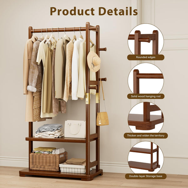 Solid Wood Coat Rack with 2 Shelves & 4 Hooks