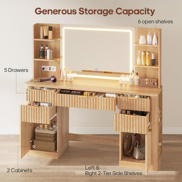 Fluted Makeup Vanity Desk with Mirror & Lights