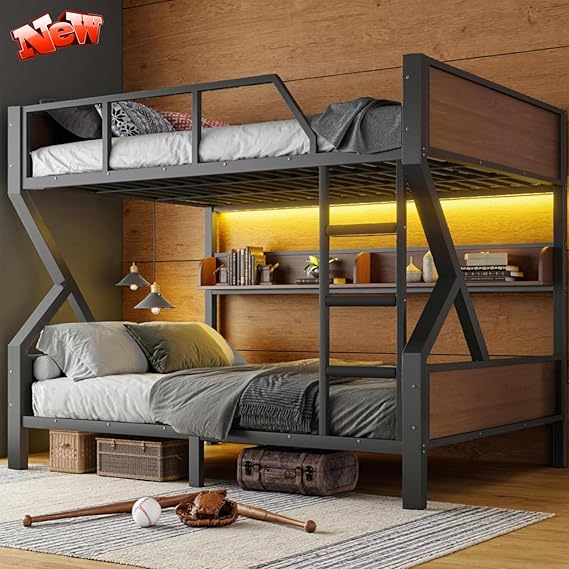 Metal Bunk Bed with LED Light & Storage Shelf