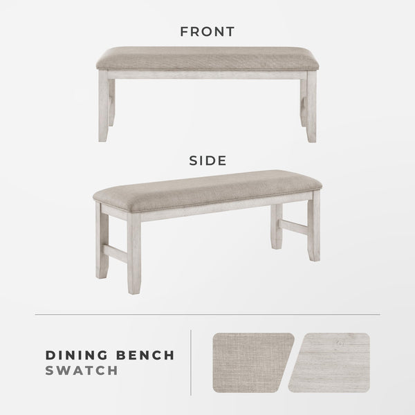 Upholstered Dining Bench with Wood Frame – Light Gray Fabric, Antique White Finish
