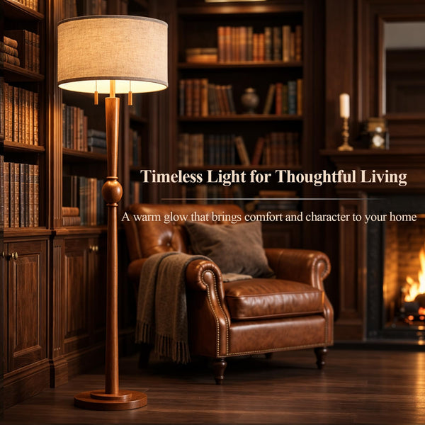62.8" Wood Floor Lamp with 2-Light Pull Chain & Linen Drum Shade