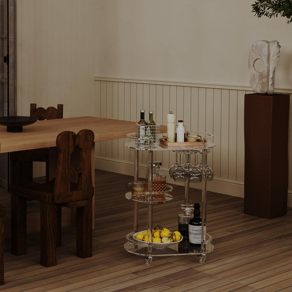 3-Tier Acrylic Rolling Bar Cart with Glass Holder