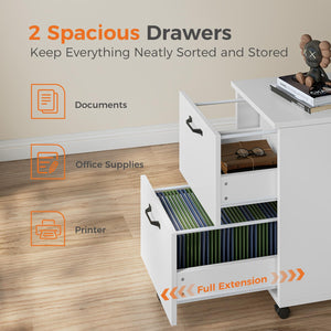 2-Drawer Rolling Filing Cabinet with Printer Stand