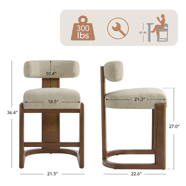 Modern Boucle Counter Height Bar Stools Set of 2 with Wood Legs