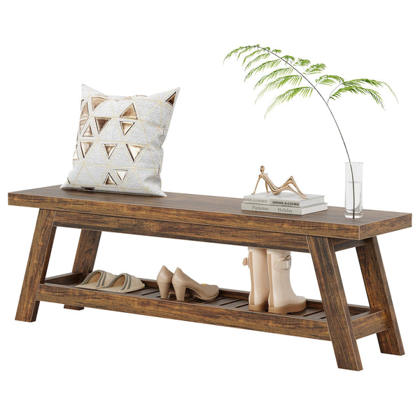 55" Wood Entryway Bench with Shoe Storage & Open Shelves