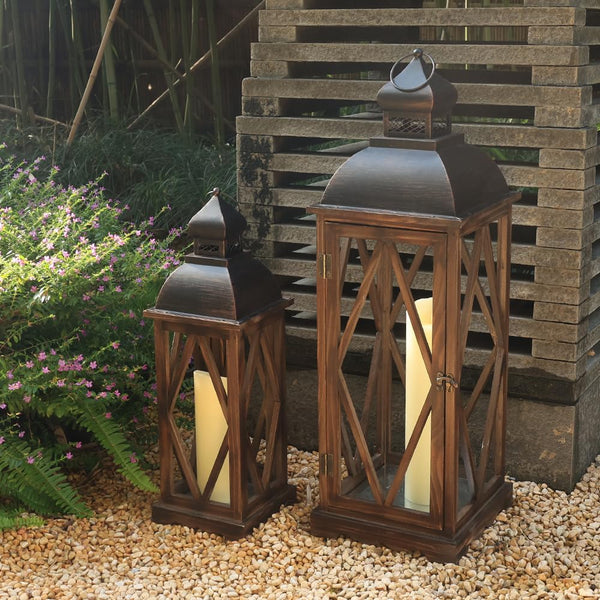 Large Farmhouse Wooden Metal Lantern Set of 2 - Rustic Indoor Outdoor Hanging Candle Lanterns