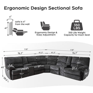 Oversized Power Recliner Sectional Sofa with Wireless Charger, Gray