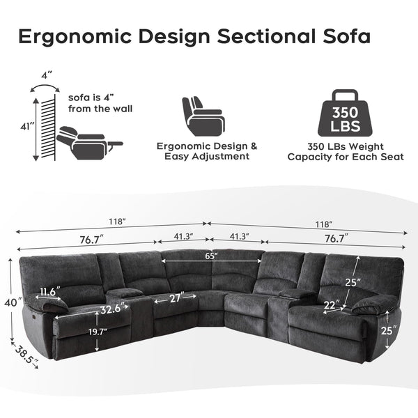 Oversized Power Recliner Sectional Sofa with Wireless Charger, Gray