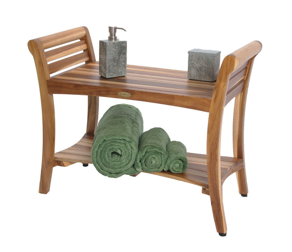 Teak Wood Shower Bench with LiftAide Arms & Storage Shelf