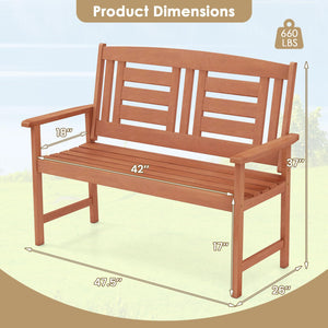 Outdoor 2-Person Wood Patio Bench with Armrests & Inclined Backrest