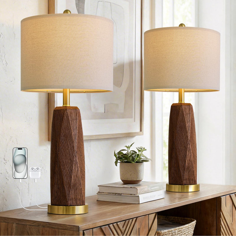 Wood Grain Resin Table Lamps Set of 2 with USB Charging Ports