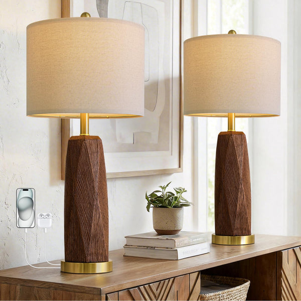 Wood Grain Resin Table Lamps Set of 2 with USB Charging Ports