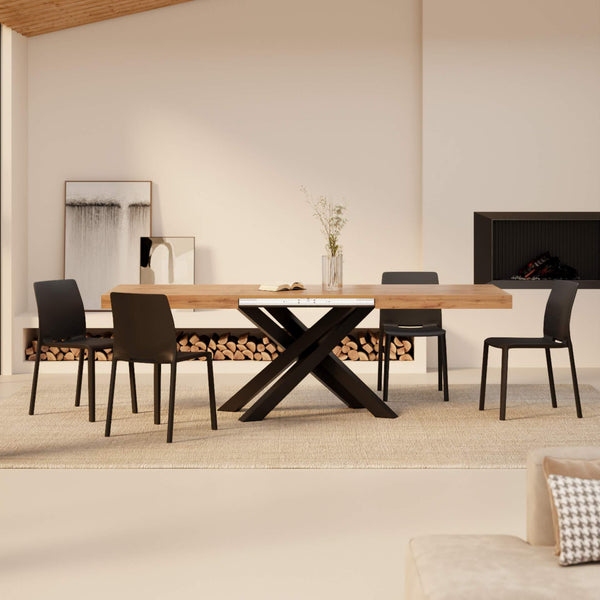 Extendable Dining Table, Rustic Oak with Black Crossed Legs, Seats 6–10