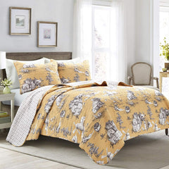 French Country Toile Reversible Cotton Quilt Set — King, Yellow/Gray