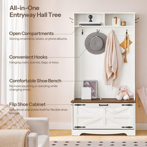 Farmhouse Hall Tree with Bench, Coat Rack & Shoe Cabinet – 31.5"L x 13.8"W x 65.7"H