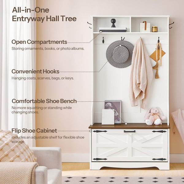 Farmhouse Hall Tree with Bench, Coat Rack & Shoe Cabinet – 31.5"L x 13.8"W x 65.7"H