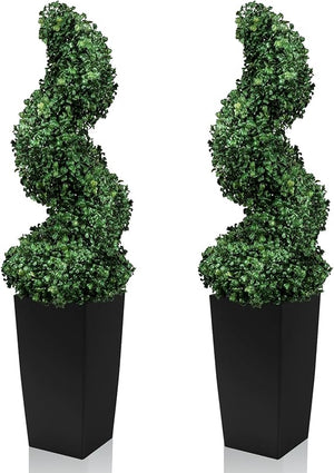 Artificial Spiral Topiary Trees, Set of 2 – UV Resistant Faux Boxwood with Square Planter