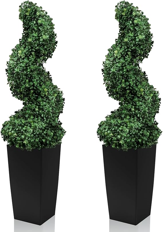 Artificial Spiral Topiary Trees, Set of 2 – UV Resistant Faux Boxwood with Square Planter