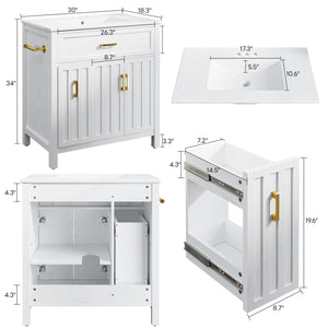 30" Bathroom Vanity with Ceramic Sink, Soft-Close Drawers & Towel Bar – White