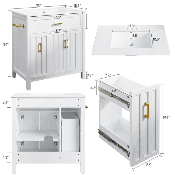 30" Bathroom Vanity with Ceramic Sink, Soft-Close Drawers & Towel Bar – White