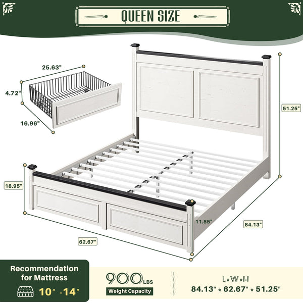 Queen Size Bed Frame with Storage Drawers and Upholstered Headboard