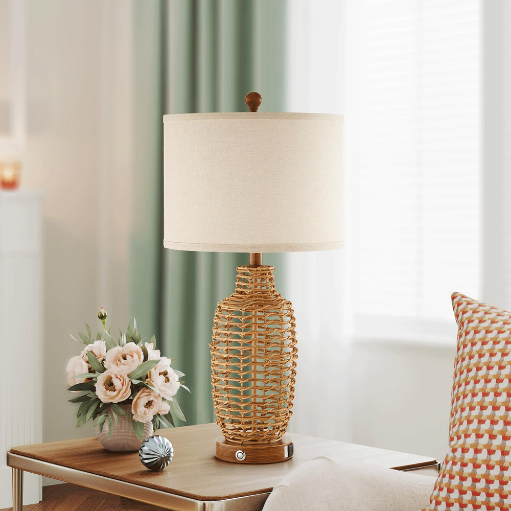 Rattan Table Lamps Set of 2 with USB Port & Dimmable Touch Control